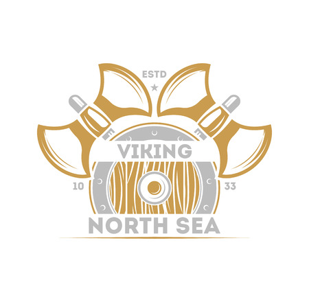Viking north sea vintage isolated label with warrior ax. Scandinavian viking badge, medieval barbarian emblem, nordic culture vector illustration.のイラスト素材