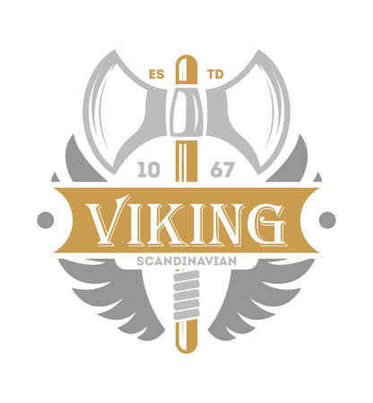 Viking vintage isolated label with poleaxe. Scandinavian viking warrior badge, medieval barbarian emblem, nordic culture vector illustration.のイラスト素材