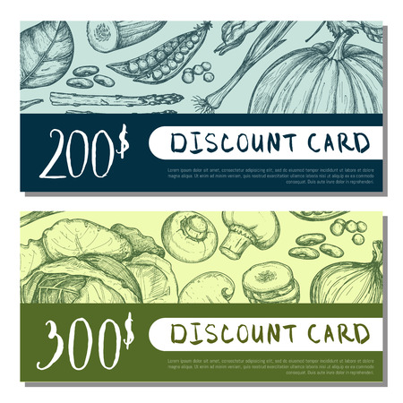 Organic food shop discount card set. Vegetarian product vector illustration, natural vegan food market gift voucher design, restaurant or cafe certificate layout with vegetables hand drawn sketches.のイラスト素材