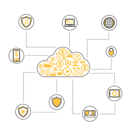 Online data backup linear style infographics. Network cloud service, global data safety and interactive processing, financial system protection, cloud computing conceptual vector illustrationのイラスト素材
