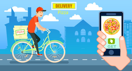 Italian pizza delivery poster with courier on bicycle. Online ordering food on home, product shipping vector illustration. Restaurant food express delivery banner with smartphone in human handのイラスト素材