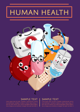 Human health medical poster. Blood, syringe, first aid kit, tablet, stethoscope cute cartoon characters, professional treatment vector illustration. Human medicine, healthcare science infographics.のイラスト素材