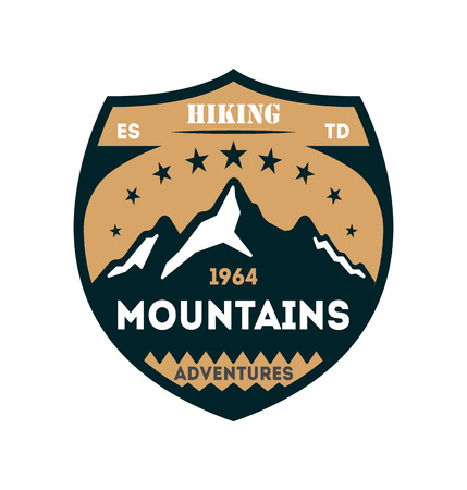 Hiking adventures vintage isolated badge. Outdoor expedition symbol, mountain and forest explorer, touristic extreme trip label vector illustrationのイラスト素材