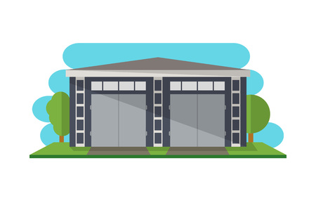 Modern storage building isolated icon for Business real estate, front view cargo warehouse vector illustration in flat design.のイラスト素材