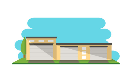 Modern warehouse construction isolated icon. Business real estate, front view cargo storehouse vector illustration in flat design.のイラスト素材