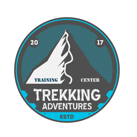 Trekking adventures vintage isolated badge. Summer camp symbol, mountain explorer, touristic camping label, wildlife expedition vector illustration.のイラスト素材