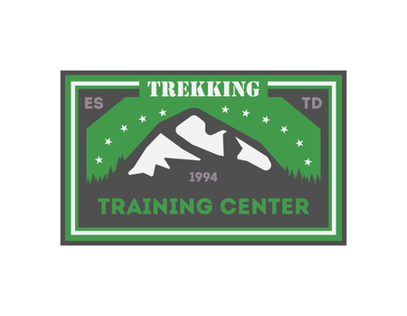 Trekking training centre vintage isolated badge. Summer camp symbol, mountain explorer, touristic camping label, nature expedition, wildlife travel vector illustration.のイラスト素材