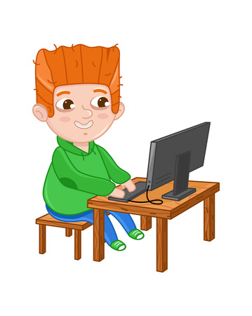 Smiling little boy playing on computer. Interesting children life, happy childhood, emotion kid cartoon character isolated on white background vector illustration.のイラスト素材