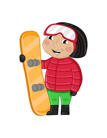 Smiling little girl in winter clothes holding skateboard. Interesting children life, happy childhood, emotion kid cartoon character isolated on white background vector illustration.のイラスト素材