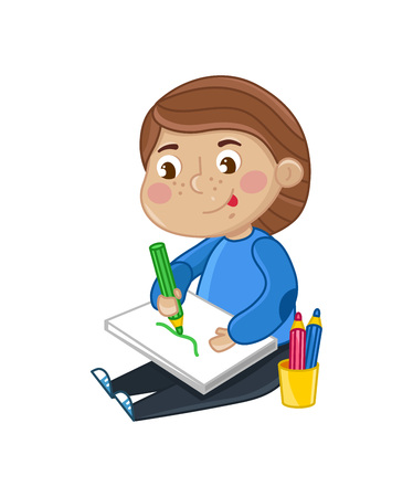 Smiling little girl draws in album. Interesting children life, happy childhood, emotion kid cartoon character isolated on white background vector illustration.のイラスト素材