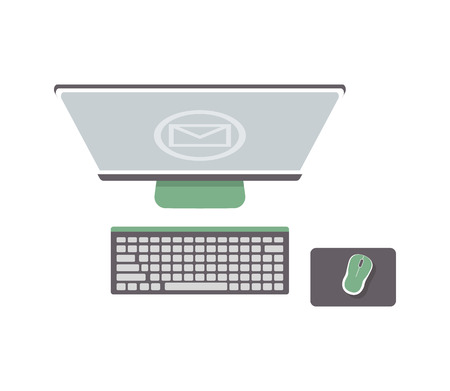 Desktop computer isolated icon in flat design. Top view monitor, keyboard and computer mouse, modern pc vector illustration.のイラスト素材