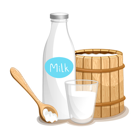 Milk product icon with wooden barrel, glass bottle and beaker. Healthy farm food, dairy product, natural organic meal vector illustration in cartoon style.のイラスト素材