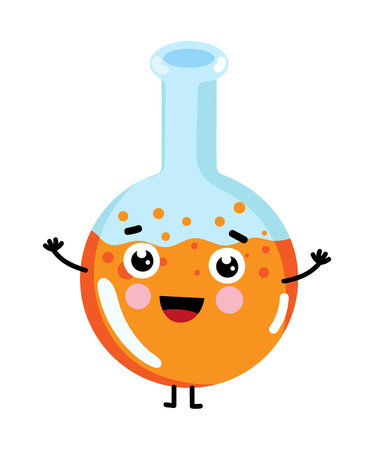 Test tube cute cartoon character. Medical treatment icon, funny medicine equipment isolated on white background vector illustration.のイラスト素材