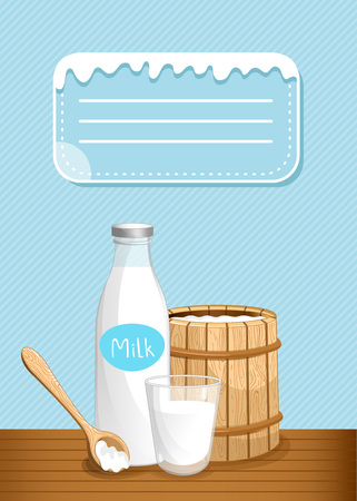 Dairy banner with milk products. Natural organic dairy product, fresh and healthy farm food concept. Layout for milk retail advertising or product presentation vector illustration in cartoon style.のイラスト素材