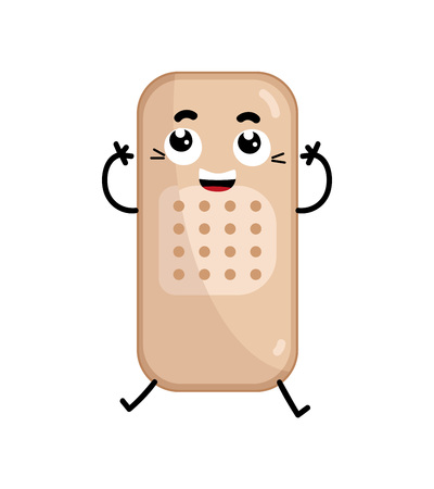Adhesive bandage cute cartoon character. Medical treatment icon, funny medicine equipment isolated on white background vector illustration.のイラスト素材