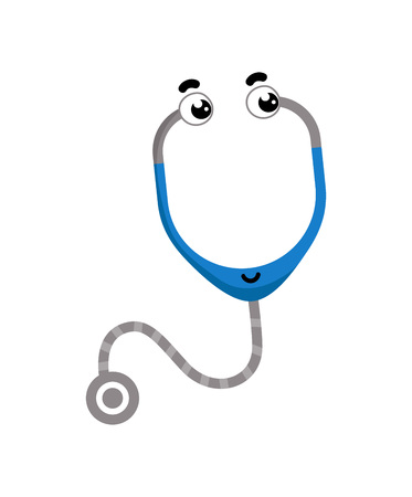 Stethoscope cute cartoon character. Medical treatment instrument icon, funny medicine equipment isolated on white background vector illustration.のイラスト素材