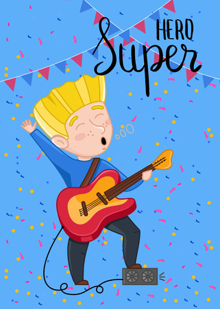 Super hero kids card with boy playing electric guitar. Cute greeting card, birthday congratulation, event invitation.のイラスト素材