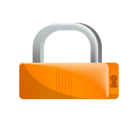 Closed orange padlock icon in flat design. Security protection, key safety element, blocking sign for mobile application isolated on white background vector illustration.のイラスト素材