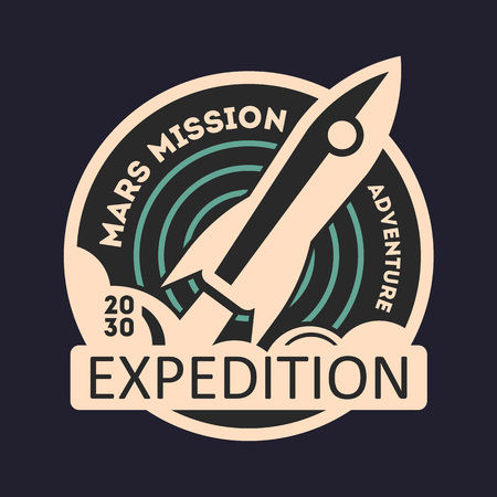 Mars mission vintage isolated label. Scientific odyssey symbol, modern spacecraft flying, planet colonization vector illustration.のイラスト素材