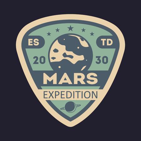 Martian expedition vintage isolated label. Scientific odyssey symbol, modern spacecraft flying, planet colonization vector illustration.のイラスト素材