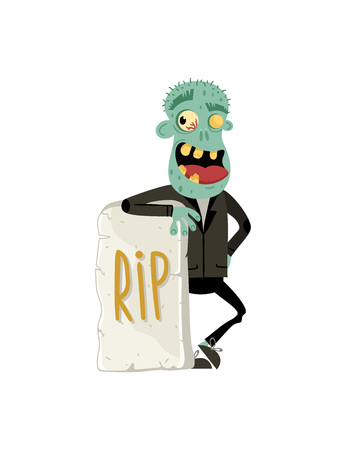 Smiling zombie monster near rip gravestone in cartoon style. Halloween undead sign, horror undead personage, walking dead man vector illustrationのイラスト素材