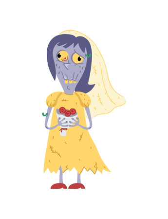 Female zombie in wedding dress character. Bride zombie personage, undead monster wedding, zombie apocalypse vector illustration.のイラスト素材