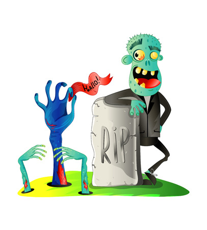 Smiling zombie monster on graveyard in cartoon style. Halloween undead sign, horror undead personage, walking dead man vector illustrationのイラスト素材