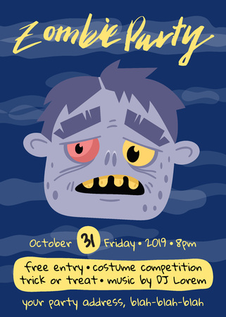 Halloween zombie party poster with monster head. Holiday banner with funny undead man, festive horror event invitation. Cute walking dead character on club placard vector illustrationのイラスト素材