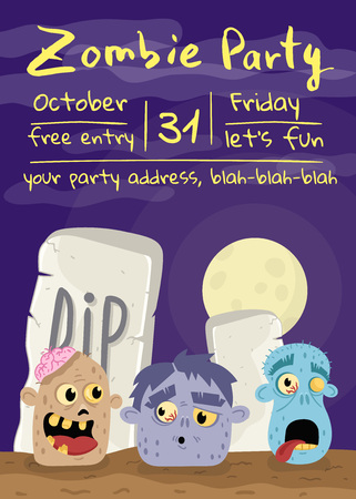 Halloween zombie party poster with monster heads in cemetery. Holiday banner with funny undead man, festive horror event invitation. Cute walking dead character in graveyard vector illustrationのイラスト素材