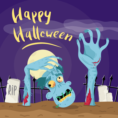 Happy Halloween poster with zombie in graveyard at full moon. Holiday advertising with funny undead, festive horror event banner. Cute walking dead characters in cemetery vector illustrationのイラスト素材
