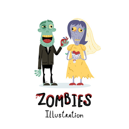 Funny married zombie couple character in cartoon style. Halloween zombie horror fantasy poster, undead monster personage, zombie wedding concept isolated on white background vector illustration.のイラスト素材