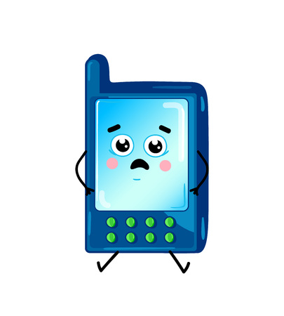 Funny cell phone isolated cartoon character; Modern appliance with emotional face, home electronic device comic mascot illustration.のイラスト素材
