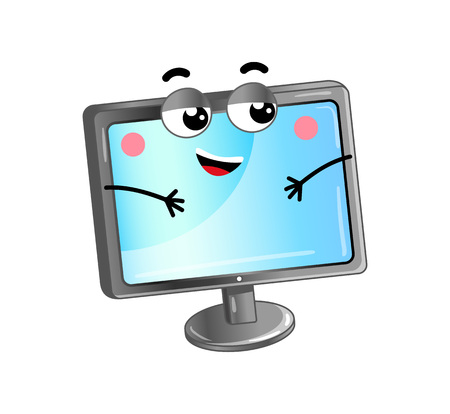 Happy lcd monitor isolated cartoon character. Modern appliance with emotional face, home electronic device comic mascot vector illustration.のイラスト素材