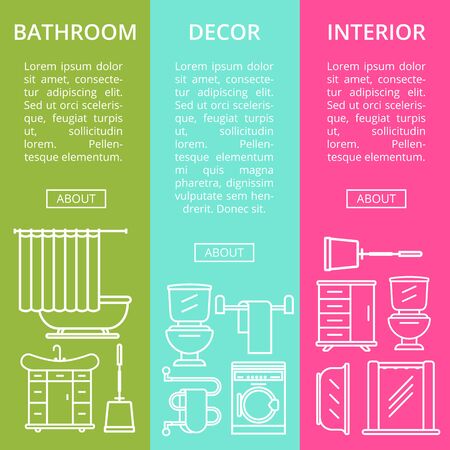 Bathroom interior decor flyers set in linear style. Home renovation design, modern apartment decoration. Washing machine, shower cabin, toilet, bathtub, towel dryer, washbasin vector illustration.のイラスト素材