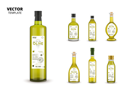 Natural extra virgin olive oil realistic glass bottles with labels. Traditional healthy product, organic vegan nutrition vector illustration.のイラスト素材