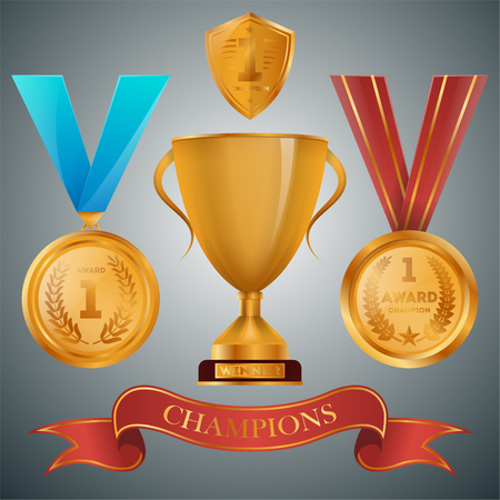 Golden cup and medal with ribbons collection.のイラスト素材