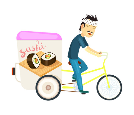 Sushi roll delivery icon with Asian courier man on bicycle. Online order food on home, commercial shipping vector illustration. Restaurant food express delivery service.のイラスト素材