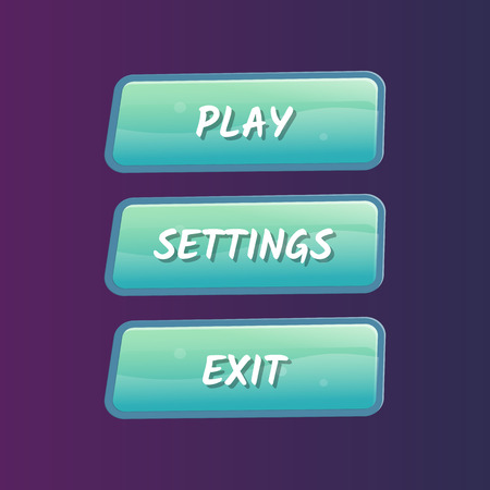 Blue options selection windows set in cartoon style. Play, settings and exit buttons. Bright user game design isolated vector illustrationのイラスト素材