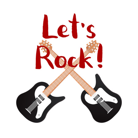 Let's rock poster with crossed acoustic guitars in flat style. Music shop banner or musical rock-n-roll festival symbol isolated on white background. Popular music entertainment vector illustrationのイラスト素材