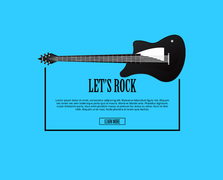 Let's rock poster with classic acoustic guitar in flat style. Music shop banner or musical rock-n-roll festival symbol isolated on blue background. Popular music entertainment vector illustrationのイラスト素材
