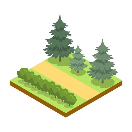 Park alley with bushes and pines isometric 3D icon. Decorative plant and green grass vector illustration. Nature map element for summer parkland landscape design.のイラスト素材