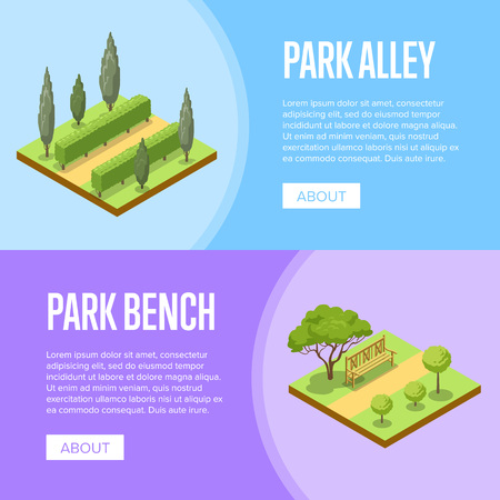 Park landscape design isometric posters. Green alley with grass, bushes, trees and wooden bench. Public parkland zone with decorative plants, outdoor natural area recreation vector illustration.のイラスト素材