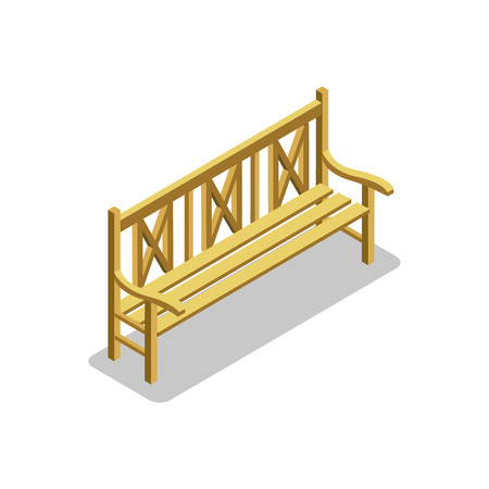Park wooden bench with shadow isometric 3D icon. Elegant city street element isolated vector illustrationのイラスト素材