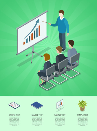 Business meeting with diagram presentation on whiteboard isometric 3D infographics. Teamwork and working together concept with people. Corporate office life, business training vector illustration.のイラスト素材