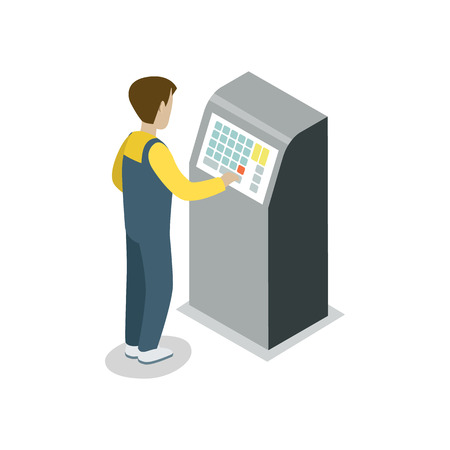 Operator assembly line isometric 3D icon. Industrial goods production, manufacturing process vector illustration.のイラスト素材