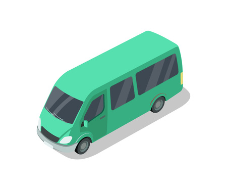 Shuttle van isolated isometric 3D icon. City public transport, town vehicle, urban and countryside traffic vector illustration.のイラスト素材