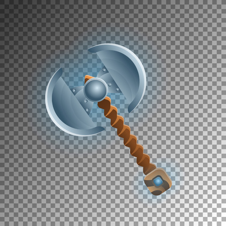Warrior two blades ax icon. Shiny medieval weapon for computer game design. Fight decoration, fantasy battle vector illustration isolated on transparent background.のイラスト素材