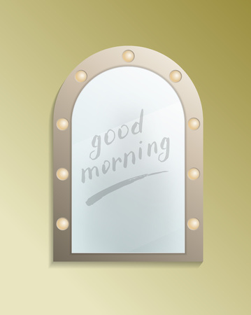 Good morning text on bathroom misted mirror. Decorative elegant wall mirror in frame with finger drawn message isolated vector illustration. Realistic house modern furniture design element.のイラスト素材