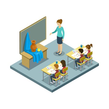 Arts lesson at school 3d isometric icon. Children sitting at table in classroom and studying, teacher near blackboard vector illustration.のイラスト素材
