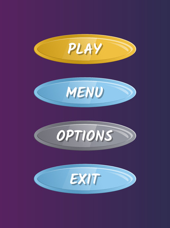 Colorful oval options panel for user interface. Play, menu, options and exit cartoon buttons. Bright design isolated vector illustrationのイラスト素材